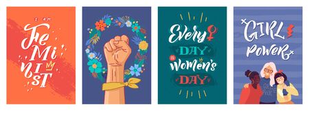 Feminism Vector Poster Set. Girl Power and Sisterhood. Hand lettering quotes. Clenched fist and struggle. Woman textile t-shirt design. Female hand drawn brush graphic vector illustrationのイラスト素材