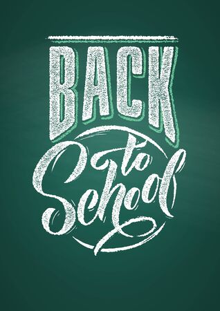 Back to School Lettering. Text drawing by white chalk in blackboard with decorative elements. Vector illustration poster.のイラスト素材
