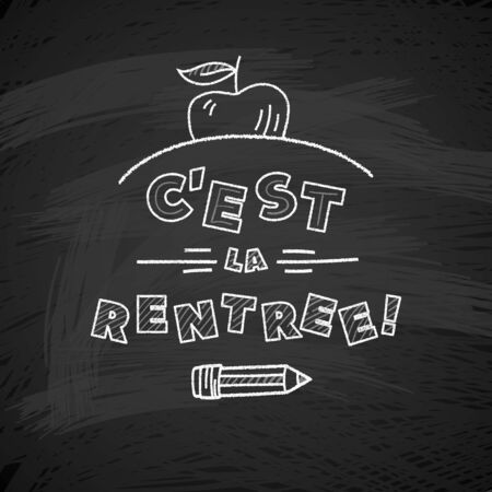 French Back to school text drawing by white chalk in blackboard with school items and elements. Vector illustration banner.のイラスト素材