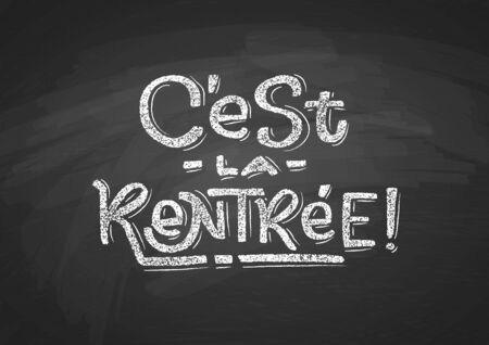 French Back to School text drawing by white chalk on black Chalkboard. Education vector illustration banner. Translation: Welcome Back to School.のイラスト素材
