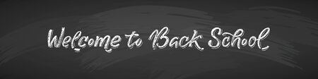 Back to school text drawing by white chalk in blackboard with school items and elements. Horizontal Vector illustration banner.のイラスト素材