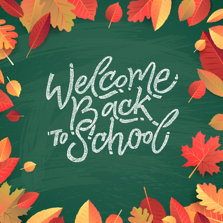 Back to School text drawing by white chalk on Green Chalkboard. Autumn leaves education vector illustration banner. Welcome back to schoolのイラスト素材