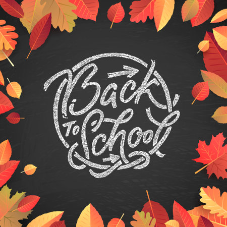 Back to School text drawing by white chalk on black Chalkboard. Autumn leaves education vector illustration banner. Welcome back to schoolの写真素材