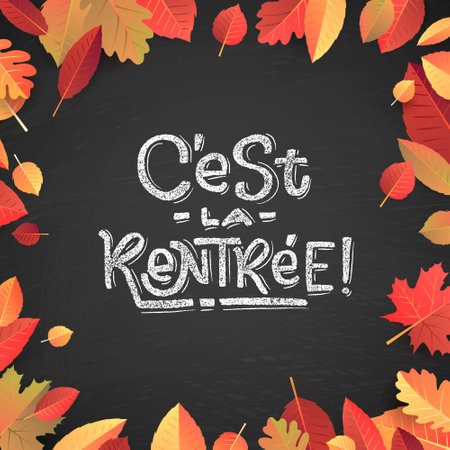 French Back to School text drawing by white chalk on Black Chalkboard. Autumn leaves education illustration banner. Translation: Welcome Back to Schoolの写真素材