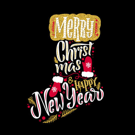 Christmas sock for gift illustration - calligraphy card. White on black background. Golden shine, white and red on black background. Hand written lettering. Print design. Vector.のイラスト素材