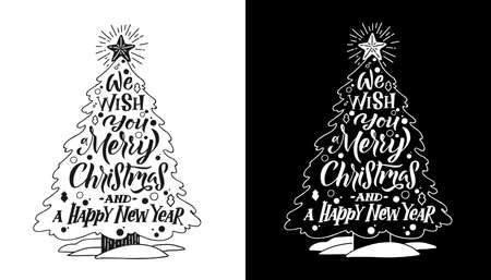 Christmas TREE calligraphy card. White on black background. Black on white background. Hand written lettering. Print design. Vectorのイラスト素材