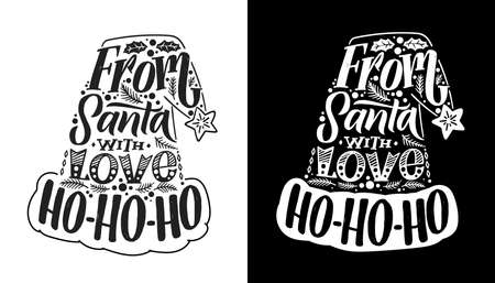 Santa Claus hat illustration. Christmas calligraphy card. White on black background. Black on white background. Hand written lettering. Print design. Vectorのイラスト素材
