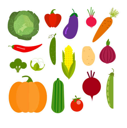 Vector vegetables icons set in cartoon style. Collection farm product for restaurant menu, market label.のイラスト素材