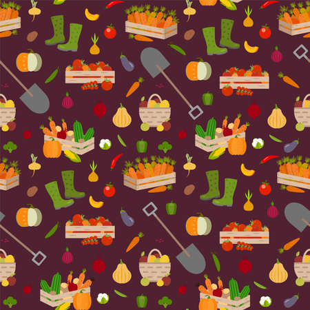Vector vegetables seamless pattern in cartoon style. Harvest time. Collection farm product for restaurant menu, market label.のイラスト素材