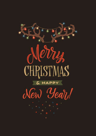 Merry Christmas and Happy New Year Calligraphy Poster. Greeting Card Typography on Dark Background.のイラスト素材