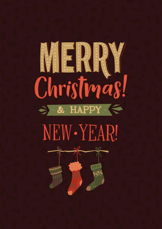 Merry Christmas and Happy New Year Calligraphy Poster. Greeting Card Typography on Dark Background.のイラスト素材