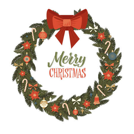 Merry Christmas and Happy New Year Retro Wreath. Christmas Balls and Bow Vector Illustration.のイラスト素材