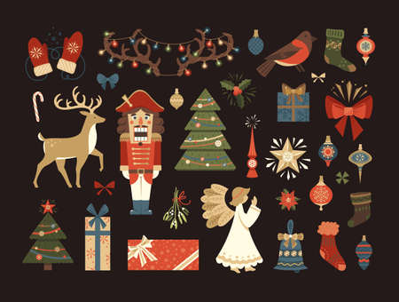 Merry Christmas and Happy New Year Retro Elements. Christmas Balls, Angel, Deer, Socksm Snowflakes, Gifts, Christmas Trees.のイラスト素材