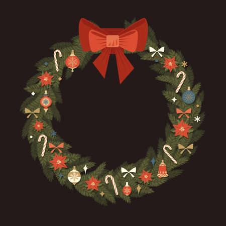 Merry Christmas and Happy New Year Retro Wreath. Christmas Balls and Bow Vector Illustration. Dark backgroundのイラスト素材