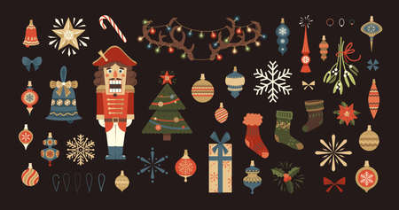 Merry Christmas and Happy New Year Retro Elements. Christmas Balls, Angel, Deer, Socksm Snowflakes, Gifts, Christmas Trees.のイラスト素材