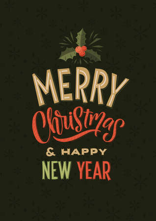 Merry Christmas and Happy New Year Calligraphy Poster. Greeting Card Typography on Dark Background.のイラスト素材