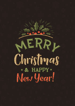 Merry Christmas and Happy New Year Calligraphy Poster. Greeting Card Typography on Dark Background.のイラスト素材