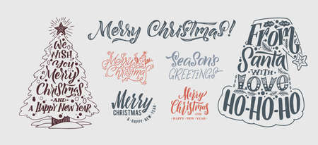 MerruyChristmas Lettering Set. Calligraphy Big Set. Greeting Card Design on Gray Background. Vector Illustration.のイラスト素材