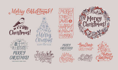 MerruyChristmas Lettering Set. Calligraphy Big Set. Greeting Card Design on Gray Background. Vector Illustration.のイラスト素材