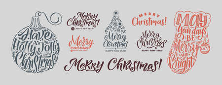 MerruyChristmas Lettering Set. Calligraphy Big Set. Greeting Card Design on Gray Background. Vector Illustration.のイラスト素材