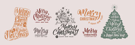 MerruyChristmas Lettering Set. Calligraphy Big Set. Greeting Card Design on Gray Background. Vector Illustration.のイラスト素材