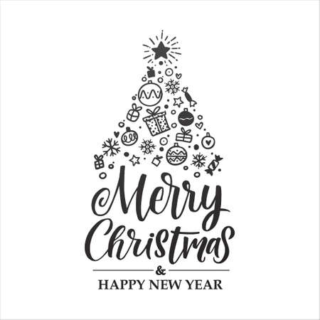 Merry Christmas vector lettering with christmas tree illustration. Holiday hand drawn black calligraphy for your design. White background.のイラスト素材
