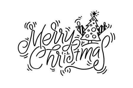 Merry Christmas vector lettering, Holiday hand drawn black calligraphy for your design. White background.のイラスト素材