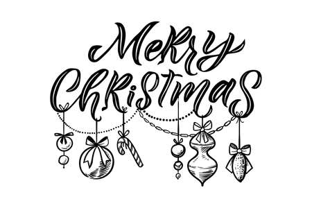 Merry Christmas vector lettering, Holiday hand drawn black calligraphy for your design. White background.のイラスト素材