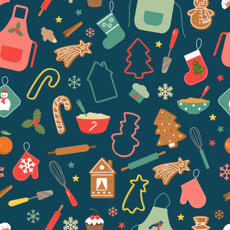 Merry Christmas Seamless pattern with cute gingerbread cookies, dishes and elements for Christmas bakery. Dark background. Vector illustration.のイラスト素材