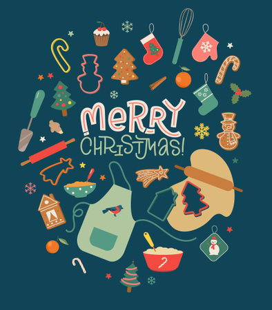 Merry Christmas. Poster with cute gingerbread cookies, dishes and elements for Christmas bakery. Dark background. Vector illustration with Doodle letteringのイラスト素材