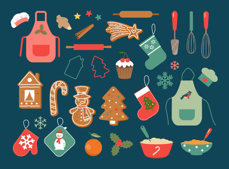 Merry Christmas gingerbread bakery. Cute Set for your holidays. Make your own sweet gingerbread with icing.のイラスト素材