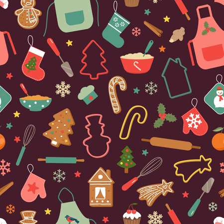 Merry Christmas Seamless pattern with cute gingerbread cookies, dishes and elements for Christmas bakery. Dark background. Vector illustration.のイラスト素材