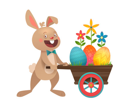 Happy Easter greeting card with eggs and Bunny. Gray cute Easter Bunny with colorful eggs. Vector illustration.のイラスト素材
