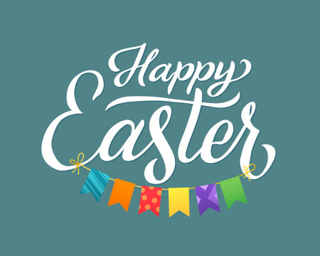 Happy Easter Lettering with Funny Gartland. Blue Background.のイラスト素材
