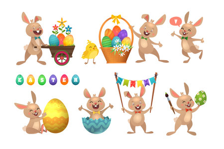Happy Easter Greeting Set. Bunny and Chicks. Vector illustration.のイラスト素材
