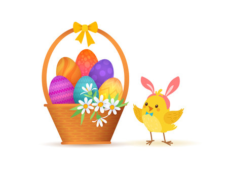 Cute cartoon chicken and basket. Funny yellow chickens with Bunny Hears, vector illustration.のイラスト素材