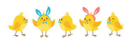 Cute cartoon chicken set. Funny yellow chickens with Bunny Hears in different poses, vector illustration.のイラスト素材