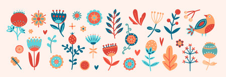 Flower graphic design. Vector set of floral elements with hand drawn flowers.のイラスト素材