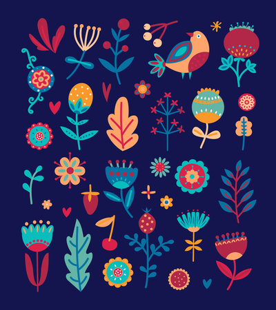 Flower graphic design. Vector set of floral elements with hand drawn flowers.のイラスト素材