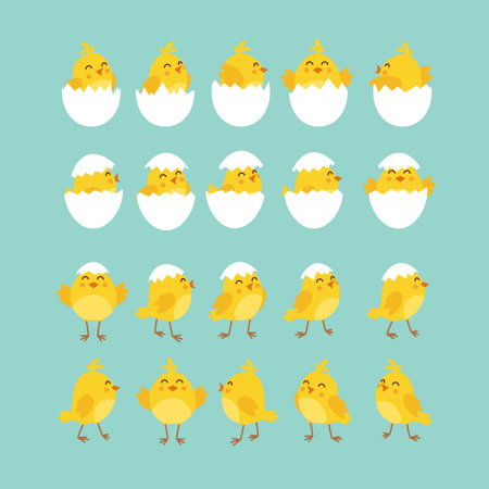Cute cartoon chicken set. Funny yellow chickens in different poses, vector illustration.のイラスト素材