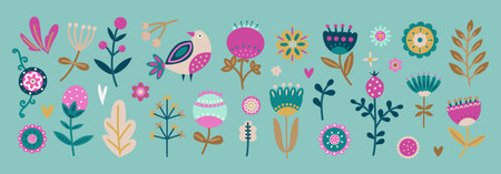 Flower graphic design. Vector set of floral elements with hand drawn flowers.のイラスト素材