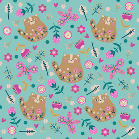 Seamless Spring Floral Pattern. Pastel Colors. Vector floral pattern in doodle style with flowers and leaves. Gentle, spring floral background.のイラスト素材