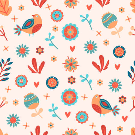 Seamless Spring Floral Pattern. Pastel Colors. Vector floral pattern in doodle style with flowers and leaves. Gentle, spring floral background.のイラスト素材