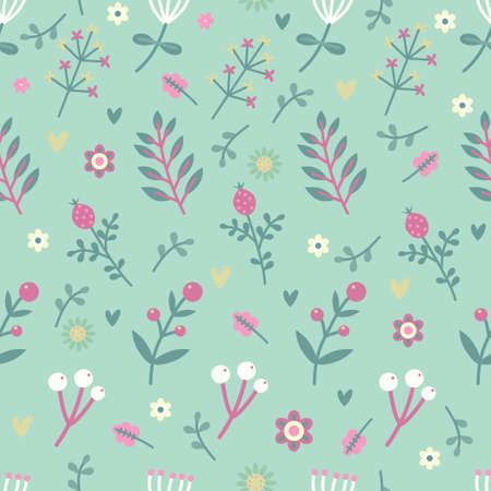 Seamless Spring Floral Pattern. Pastel Colors. Vector floral pattern in doodle style with flowers and leaves. Gentle, spring floral background.のイラスト素材