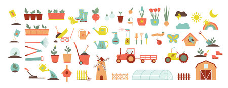 A set of icons for farm and agriculture. Plants and gardening tools. Plant planting and plant care. Flower business. Agricultural machinery and technology. Icons like farmer, cultivation, plant, crop.のイラスト素材