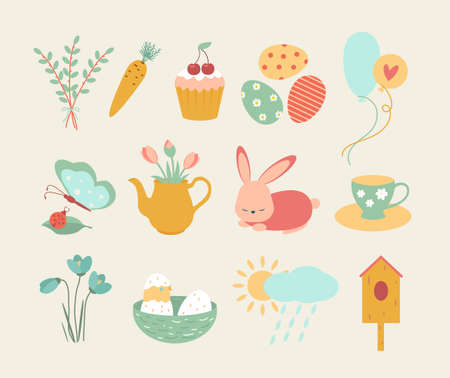 A set of Easter design elements. Eggs, chicken, butterfly, rabbit, tulips, flowers, willow, branches, basket, tulips, birdhouse, willow. Perfect for holiday decoration and spring greeting cardsのイラスト素材