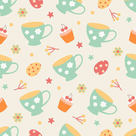 Easter seamless pattern. Eggs, chicken, butterfly, rabbit, tulips, flowers, willow, branches, basket, tulips, birdhouse, willow. Perfect for holiday decoration and spring greeting cards.のイラスト素材