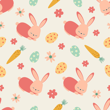Easter seamless pattern. Eggs, chicken, butterfly, rabbit, tulips, flowers, willow, branches, basket, tulips, birdhouse, willow. Perfect for holiday decoration and spring greeting cards.のイラスト素材