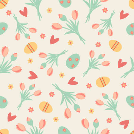 Easter seamless pattern. Eggs, chicken, butterfly, rabbit, tulips, flowers, willow, branches, basket, tulips, birdhouse, willow. Perfect for holiday decoration and spring greeting cards.のイラスト素材