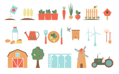 A set of icons for farm and agriculture. Plants and gardening tools. Plant planting and plant care. Flower business. Agricultural machinery and technology. Icons like farmer, cultivation, plant, crop.のイラスト素材